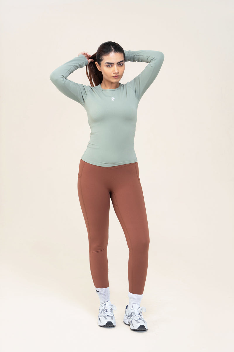 Core Flex Pocket Leggings — Mocha — front — studio