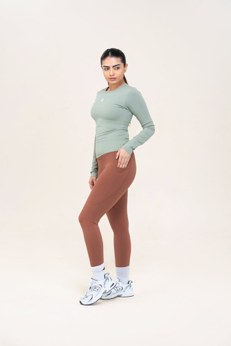 Core Flex Pocket Leggings — Mocha — side — studio