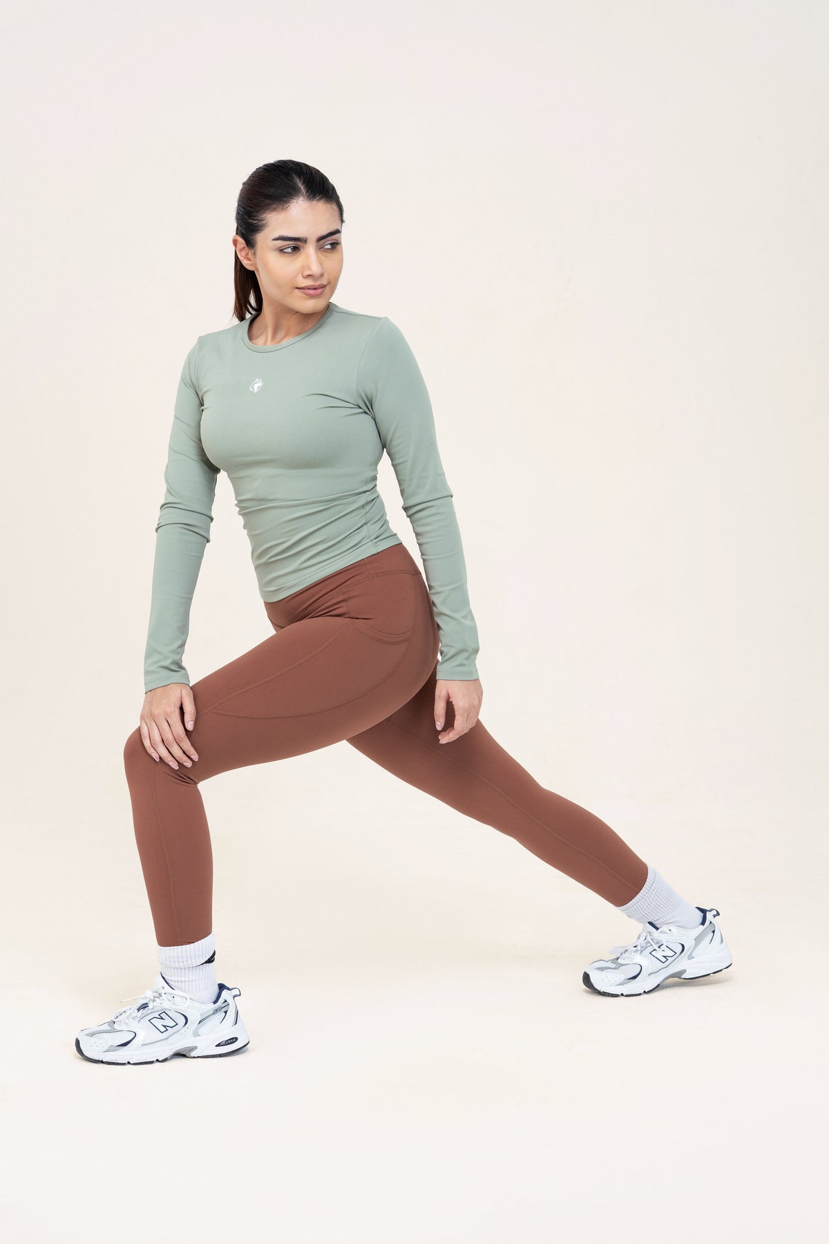 Core Flex Pocket Leggings — Mocha — lifestyle — studio