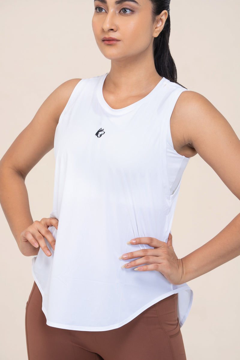 Red Husky Loose Training Tank — White — detail — studio