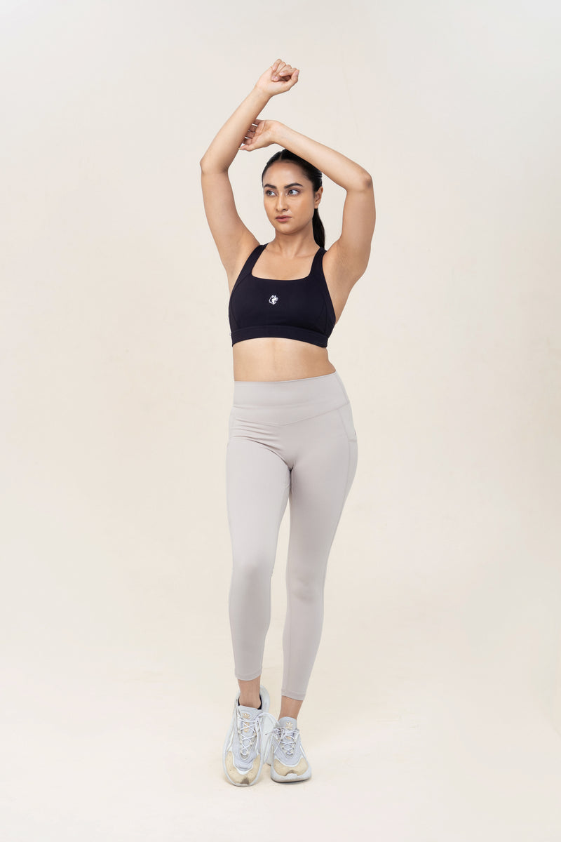 Core Flex Pocket Leggings — Warm Grey — front — studio