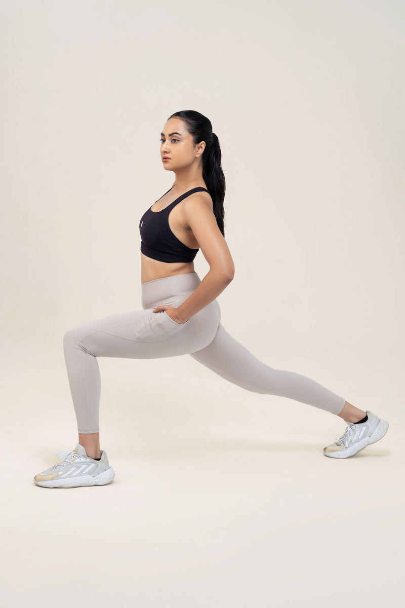 Core Flex Pocket Leggings — Warm Grey — lifestyle — studio