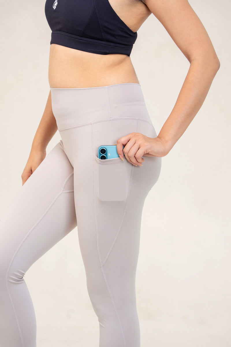 Core Flex Pocket Leggings — Warm Grey — detail — studio