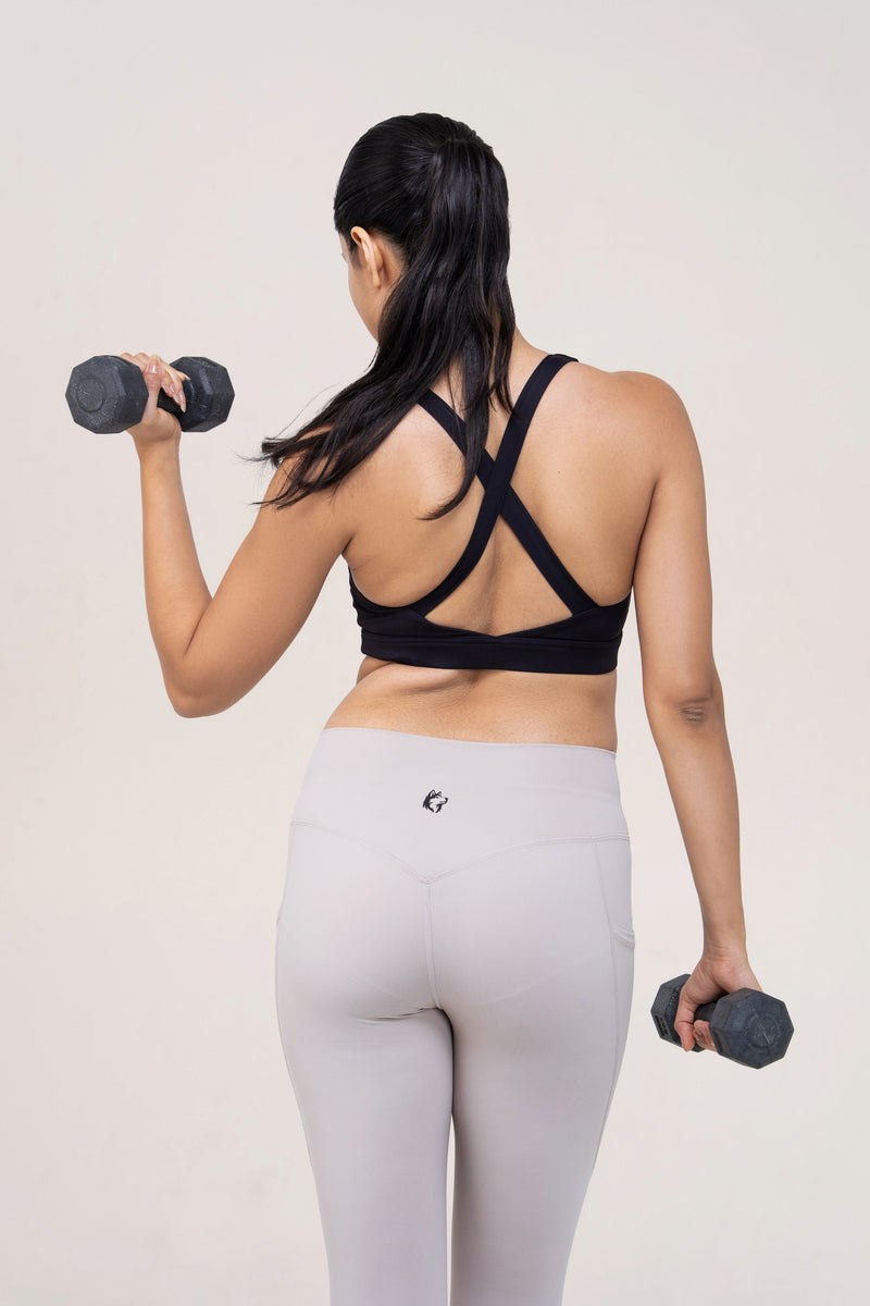 Core Flex Pocket Leggings — Warm Grey — back — studio