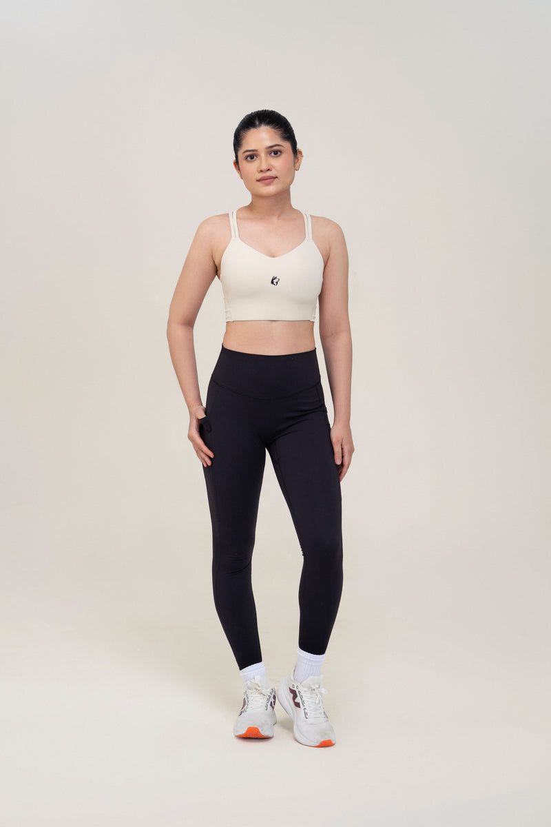 Red Husky Cross Strap Sculpt Sports Bra — Ivory White — front — studio