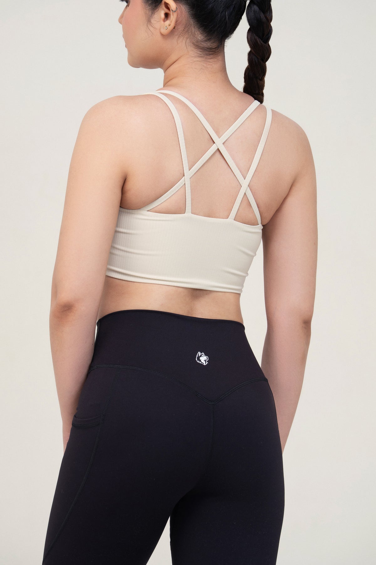 Red Husky Cross Strap Sculpt Sports Bra — Ivory White — back — studio