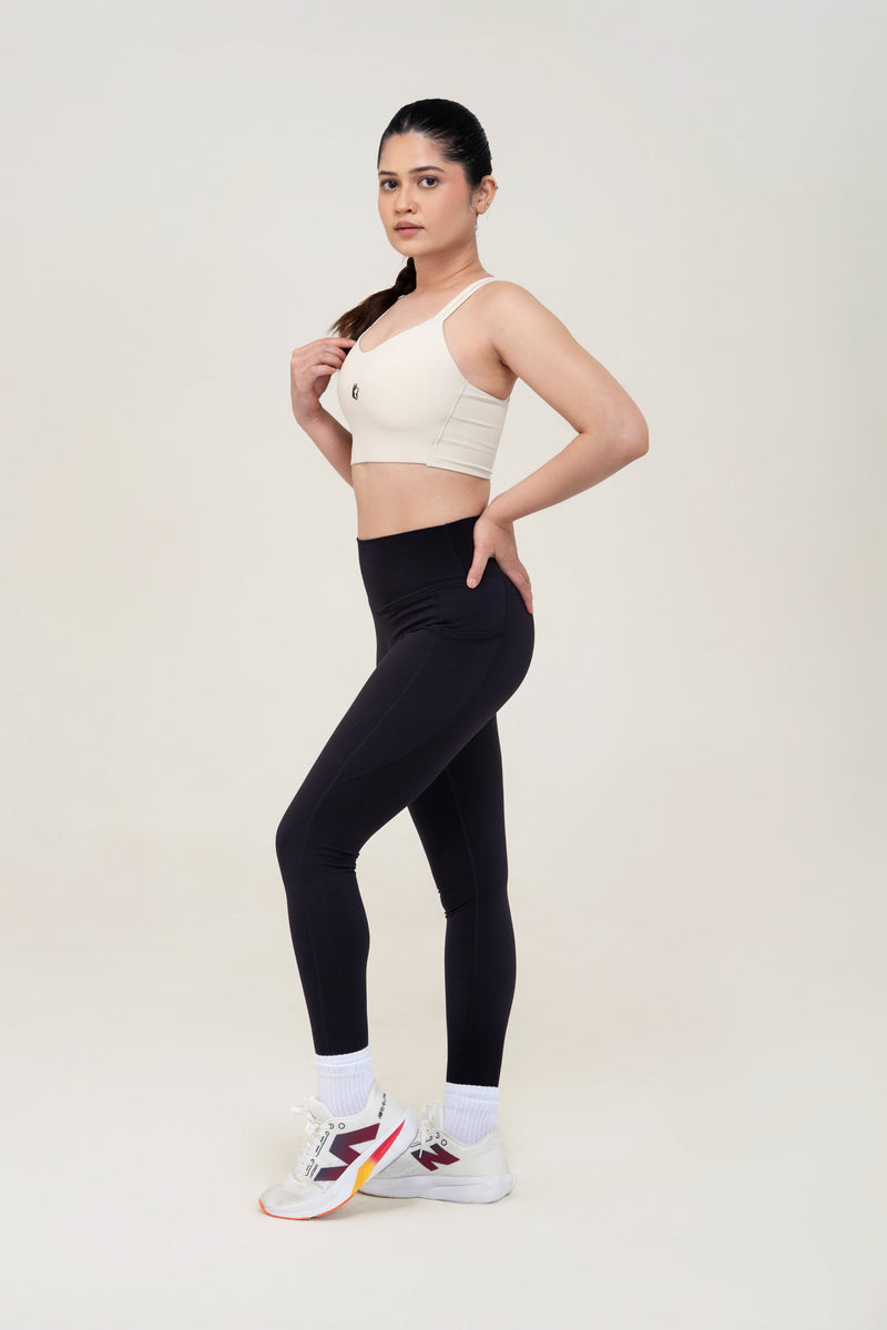 Red Husky Cross Strap Sculpt Sports Bra — Ivory White — side — studio