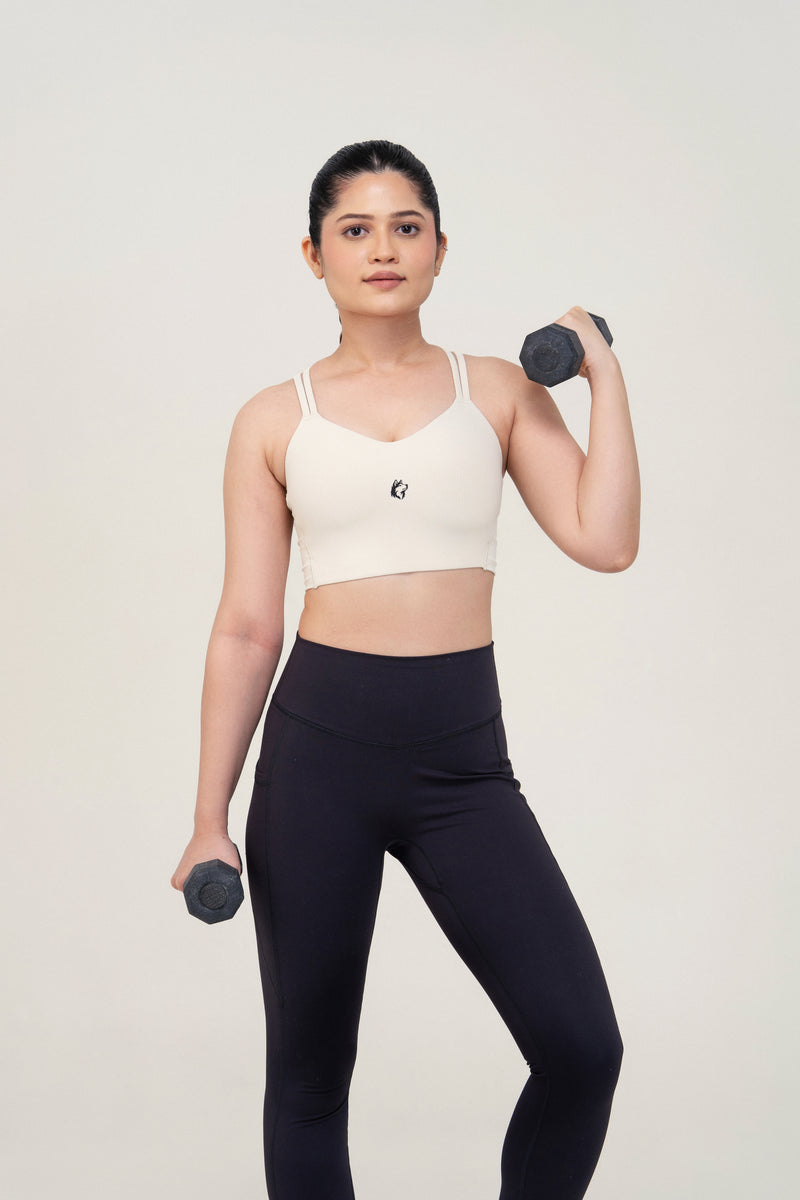 Red Husky Cross Strap Sculpt Sports Bra — Ivory White — lifestyle — studio