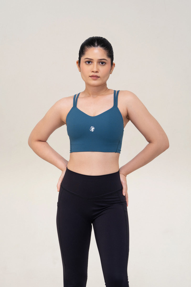 Red Husky Cross Strap Sculpt Sports Bra — Slate Blue — front — studio