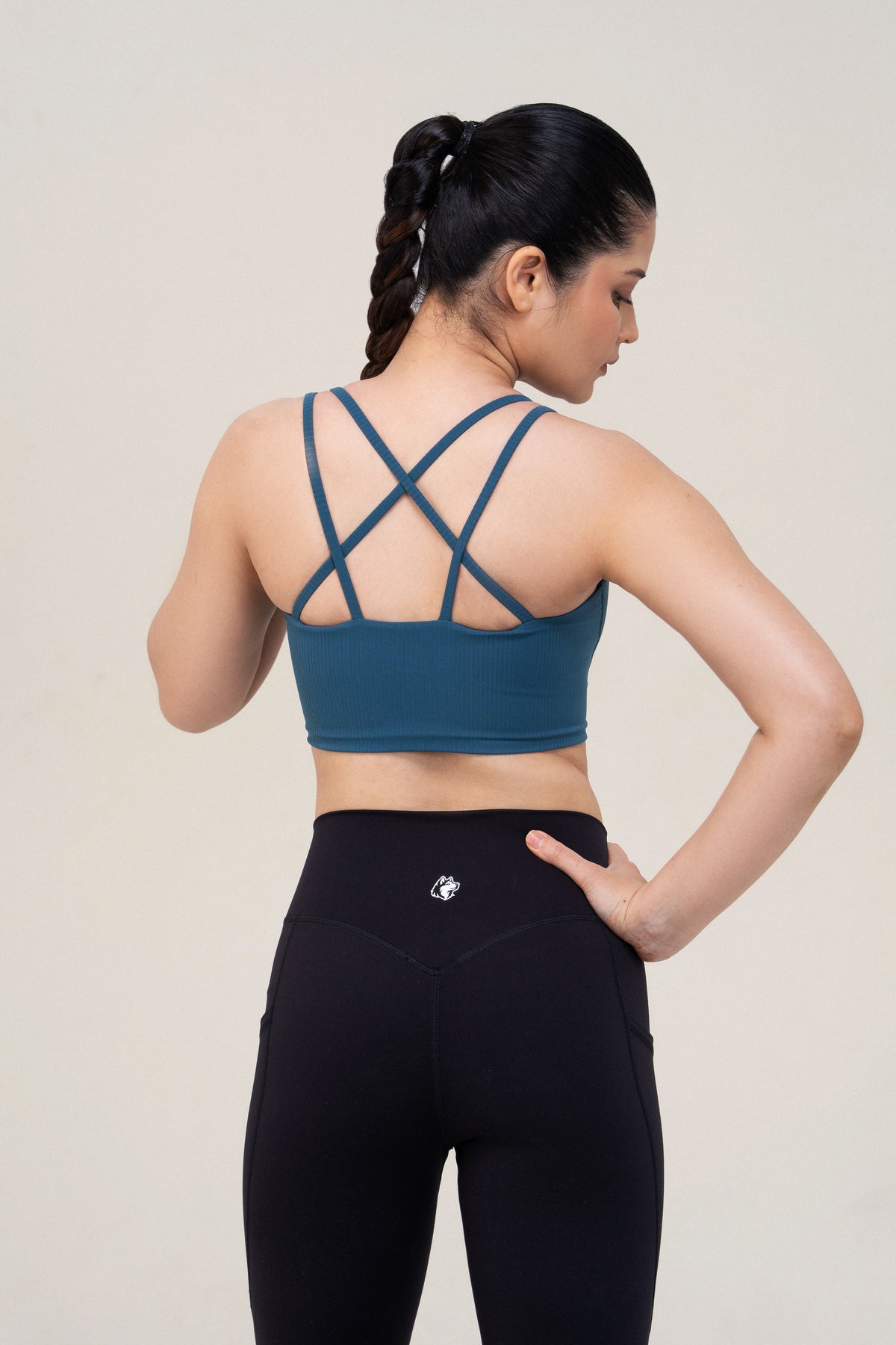 Red Husky Cross Strap Sculpt Sports Bra — Slate Blue — back — studio