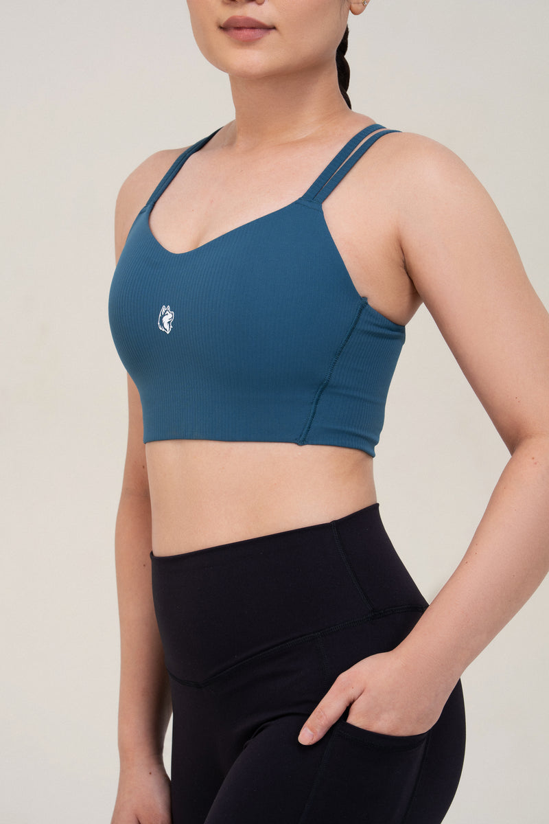 Red Husky Cross Strap Sculpt Sports Bra — Slate Blue — detail — studio