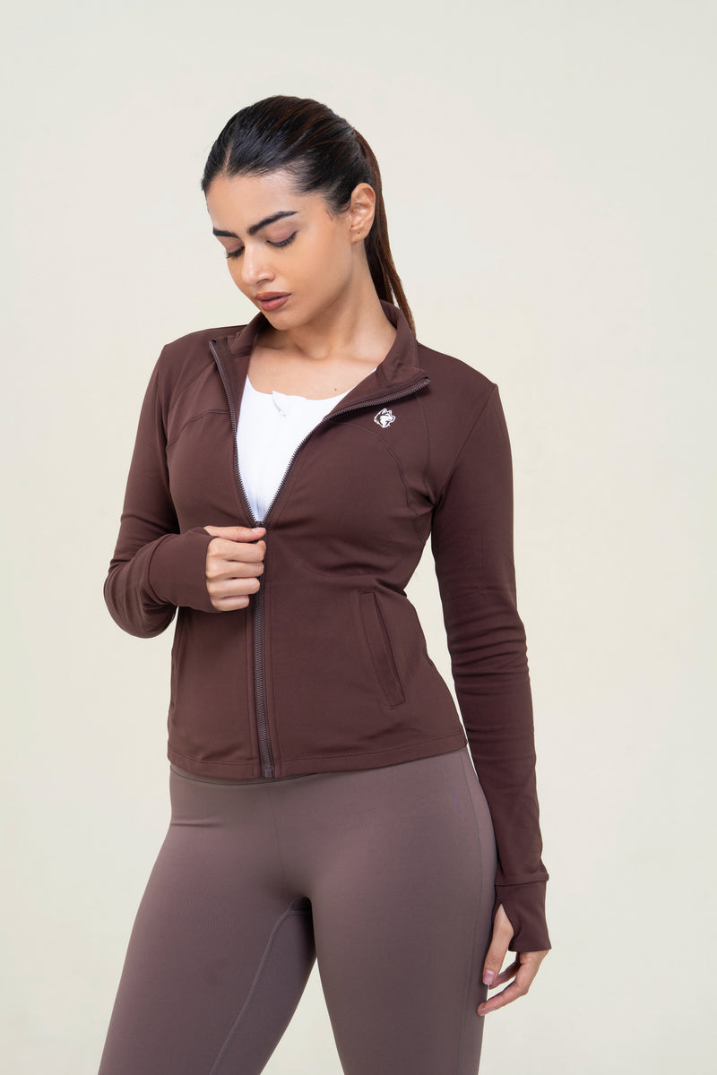 Red Husky Mock-Neck Zip Jacket — Distilled Coffee — detail — studio