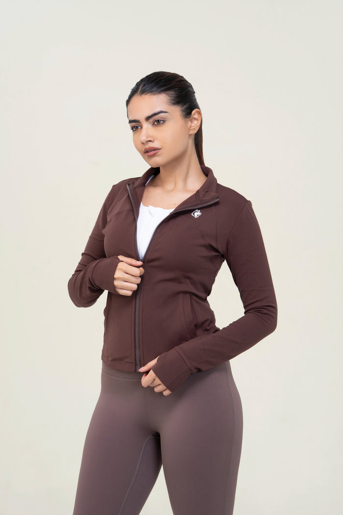 Red Husky Mock-Neck Zip Jacket — Distilled Coffee — front — studio