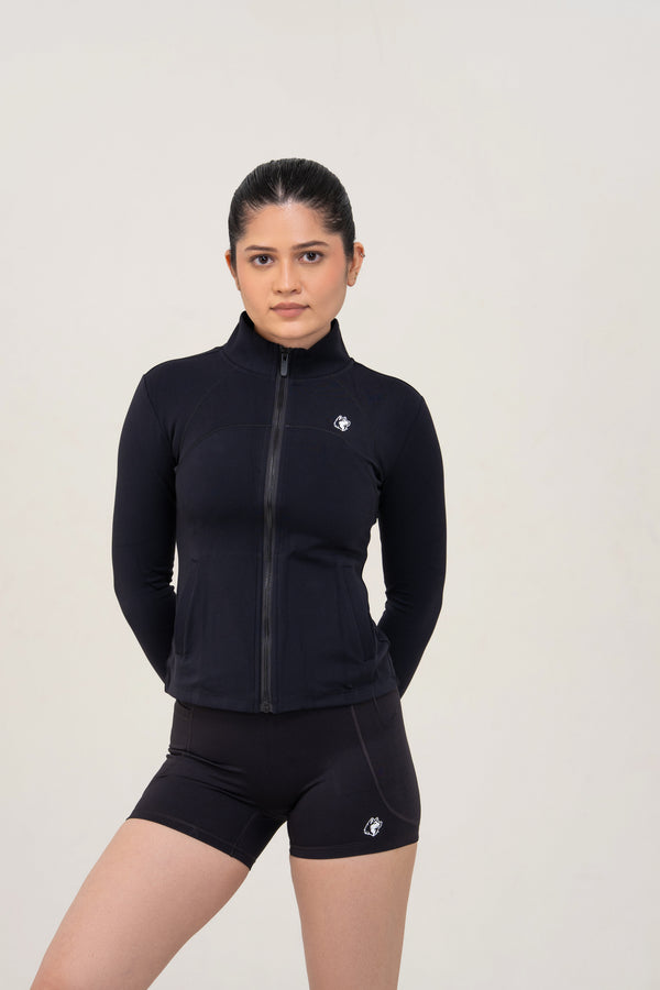 Red Husky Mock-Neck Zip Jacket — Black — front — studio