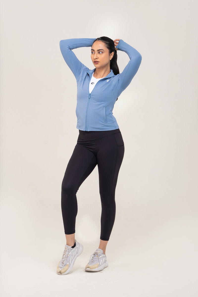Red Husky Mock-Neck Zip Jacket — Azure Blue — lifestyle — studio