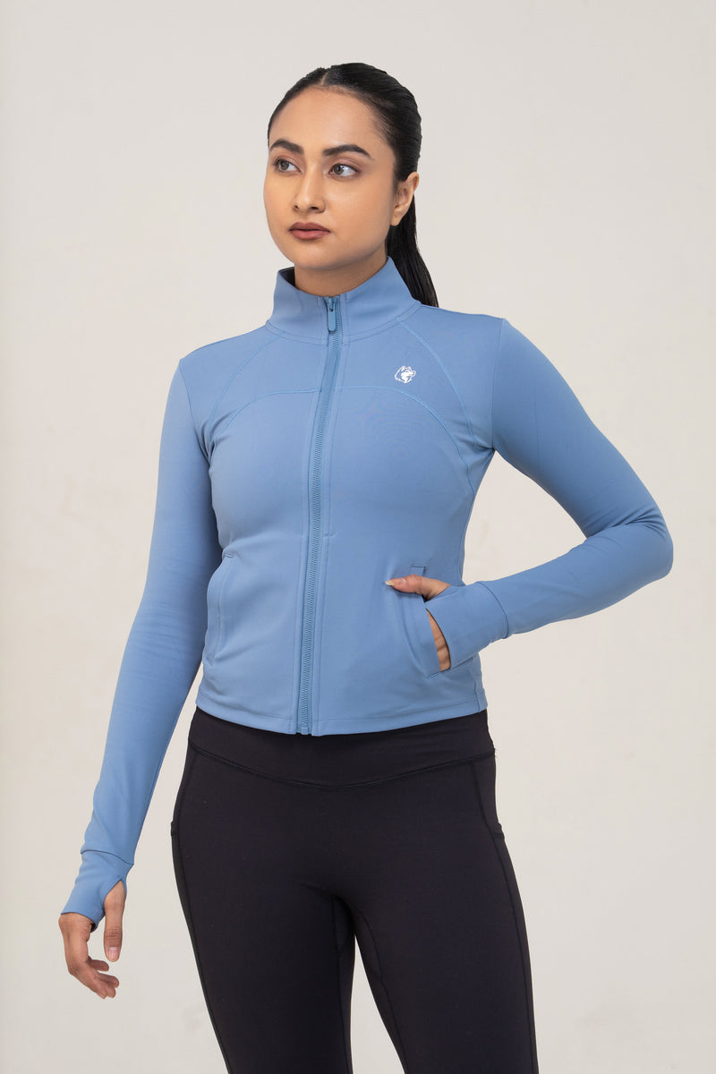 Red Husky Mock-Neck Zip Jacket — Azure Blue — front — studio