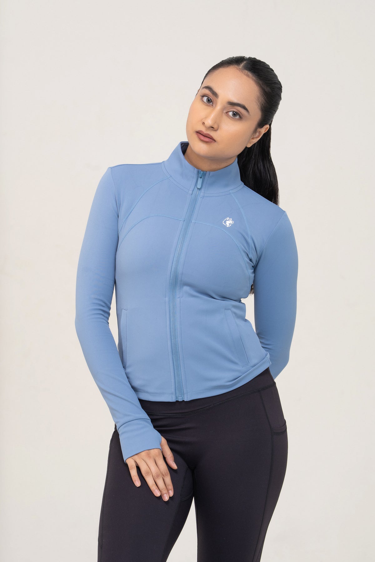 Red Husky Mock-Neck Zip Jacket — Azure Blue — portrait — studio