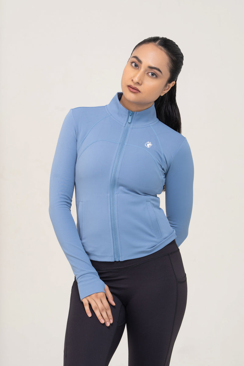 Red Husky Mock-Neck Zip Jacket — Azure Blue — portrait — studio