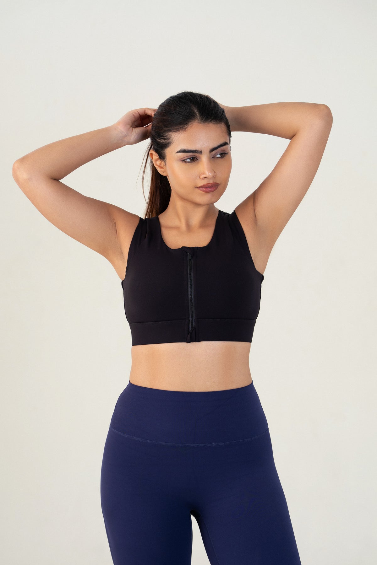 Red Husky Zip Sculpt Sports Bra — Black — front — studio
