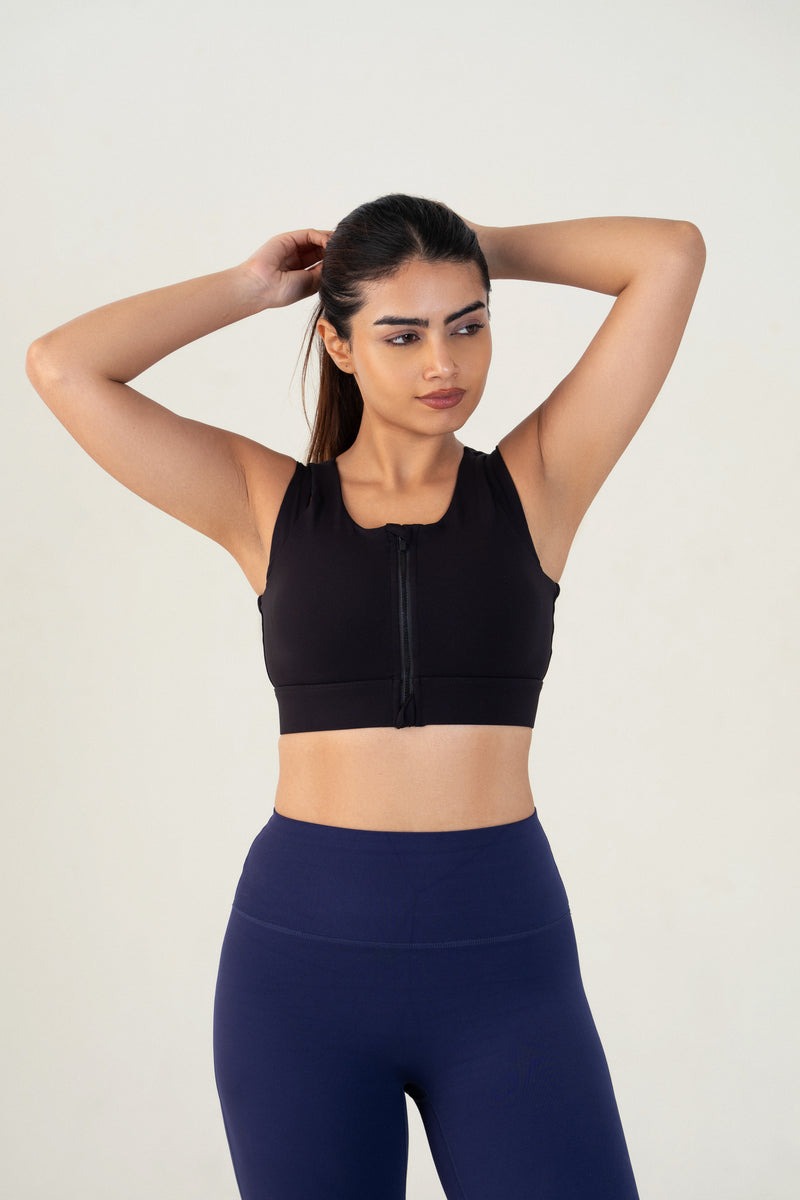 Red Husky Zip Sculpt Sports Bra — Black — front — studio