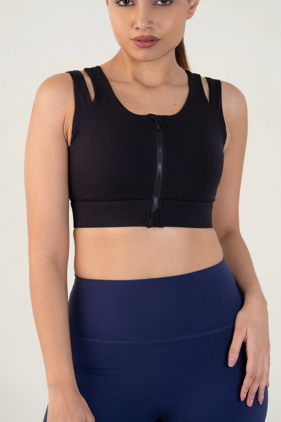 Red Husky Zip Sculpt Sports Bra — Black — detail — studio