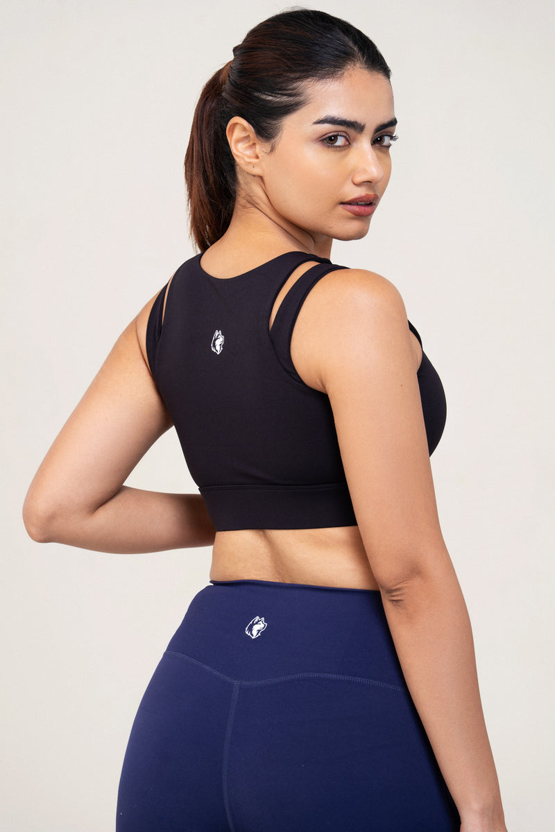 Red Husky Zip Sculpt Sports Bra — Black — side — studio