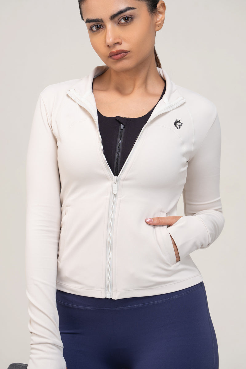 Red Husky Mock-Neck Zip Jacket — Albumin — detail — studio