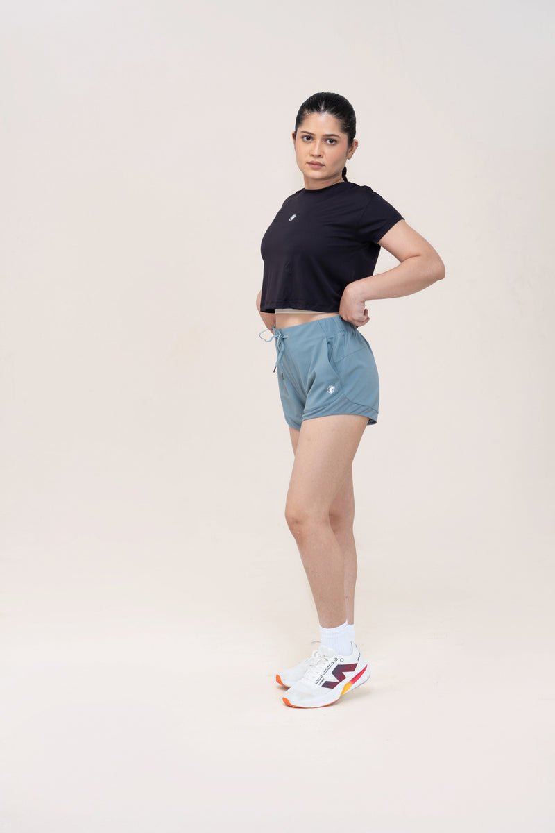 Red Husky Training Shorts — Coastal Blue — side — studio