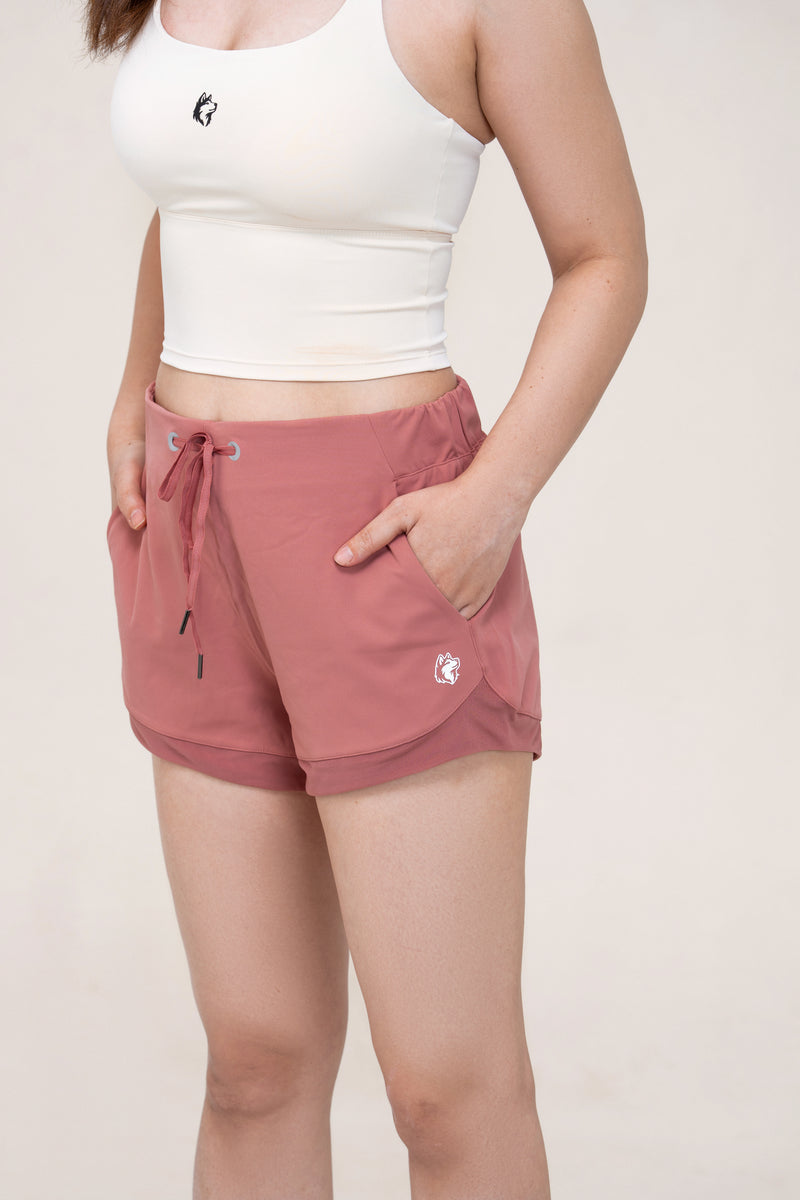 Red Husky Training Shorts — Dusty Rose — detail — studio