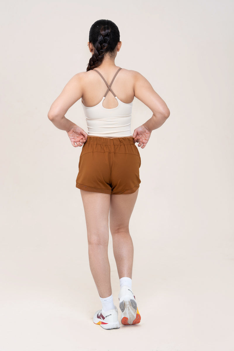 Red Husky Training Shorts — Amber Brown — back — studio
