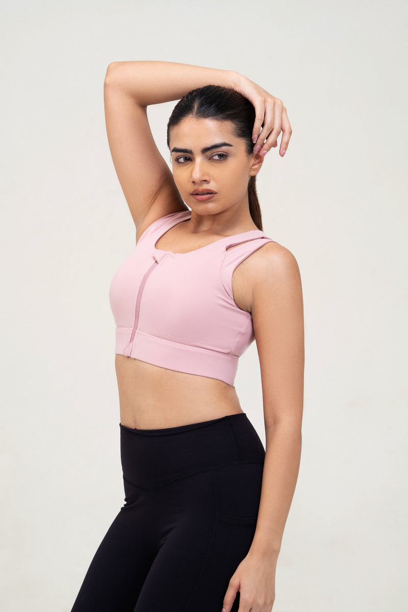 Red Husky Zip Sculpt Sports Bra — Pink — detail — studio