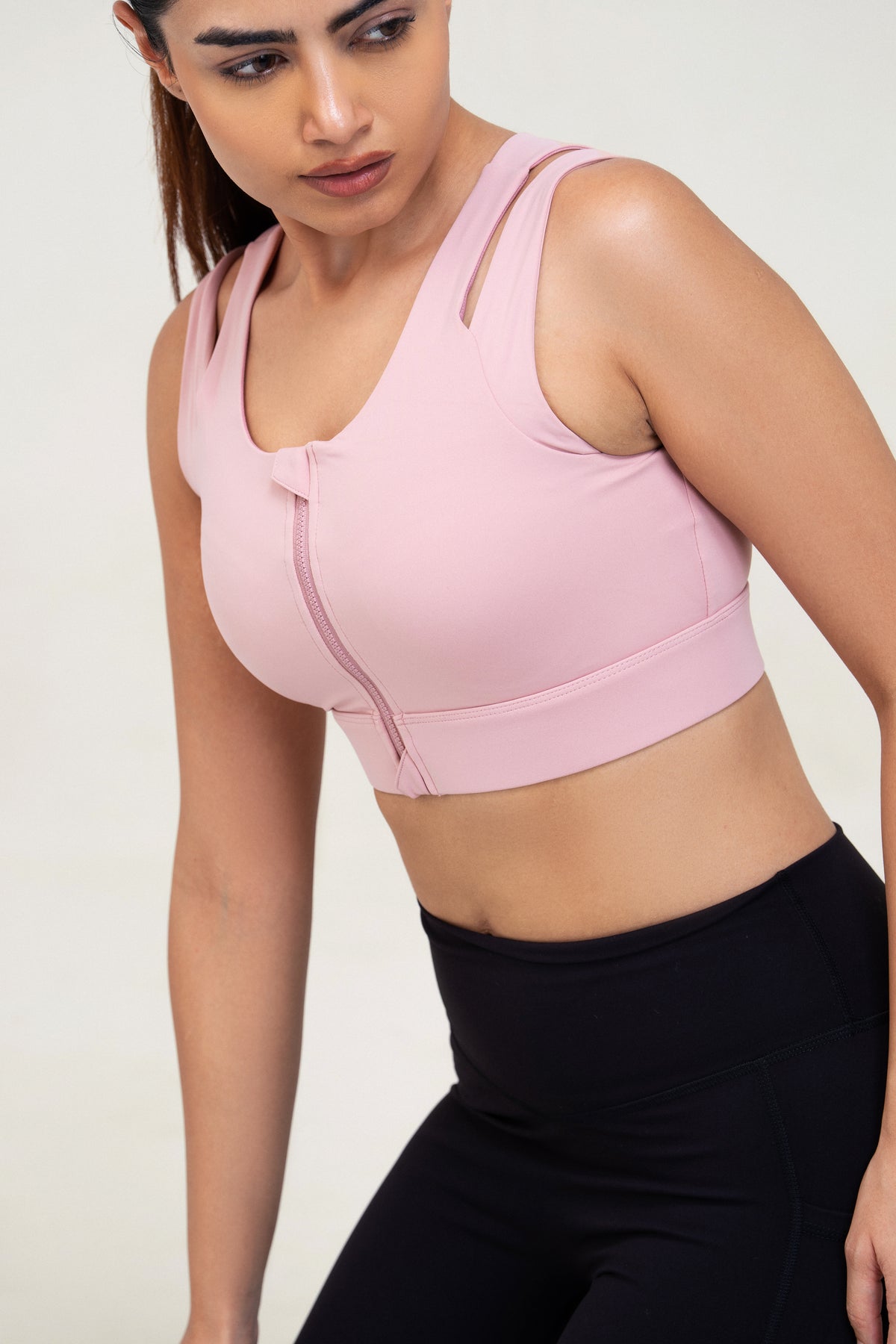 Red Husky Zip Sculpt Sports Bra — Pink — front — studio