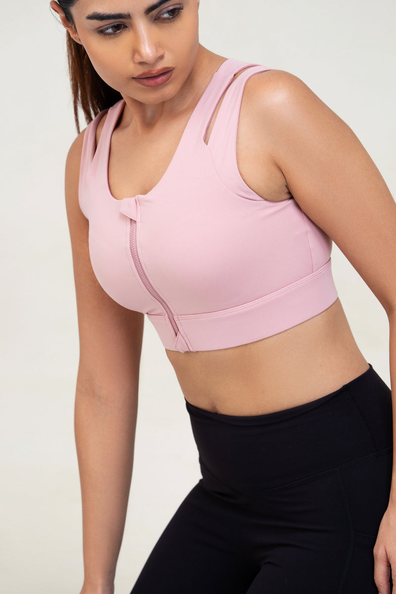 Red Husky Zip Sculpt Sports Bra — Pink — front — studio