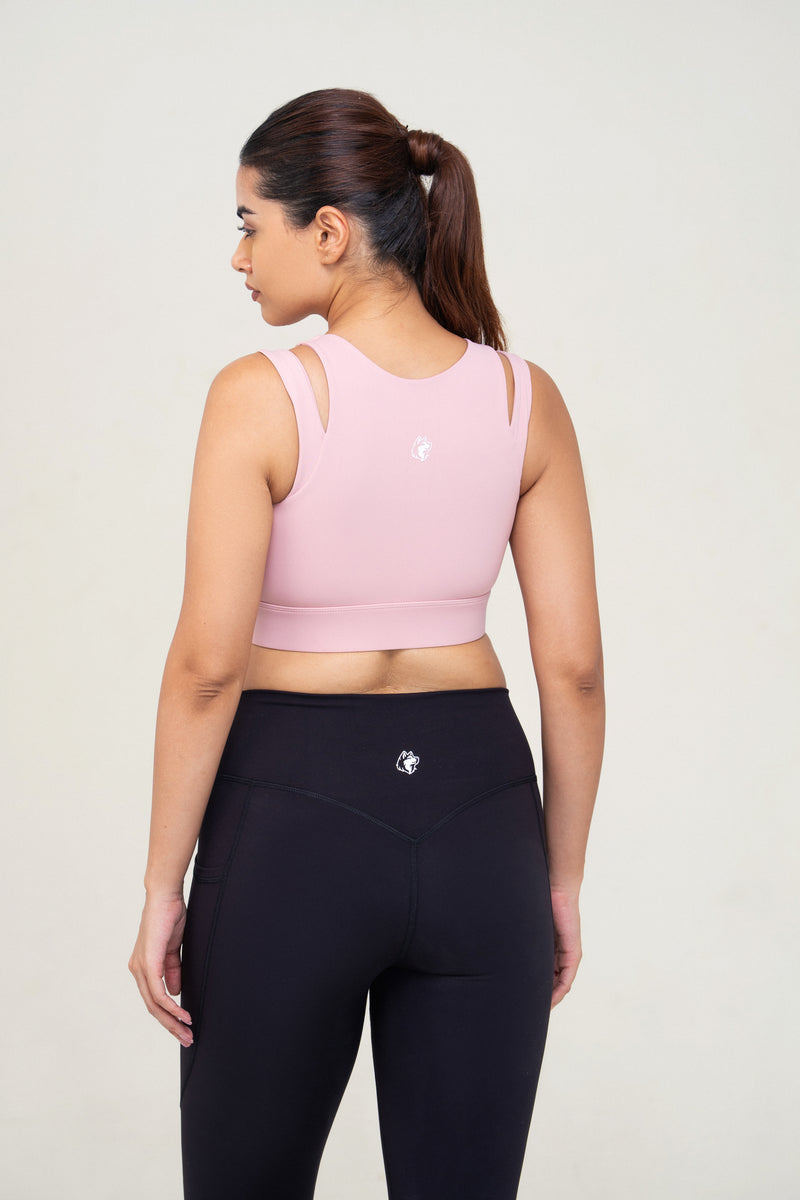 Red Husky Zip Sculpt Sports Bra — Pink — back — studio