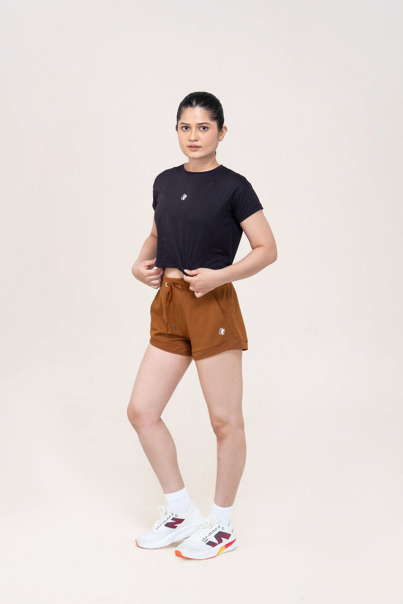 Red Husky Training Shorts — Amber Brown — lifestyle — studio