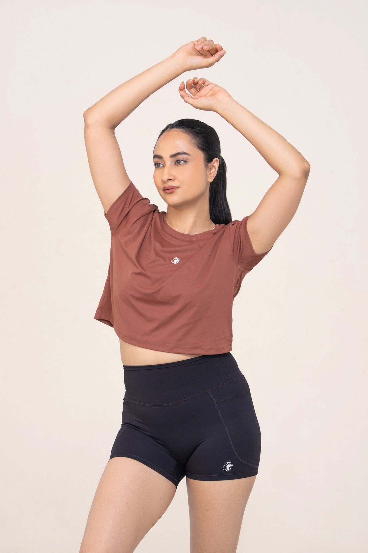 Red Husky Cropped Training Tee — Bronze Brown — lifestyle — studio