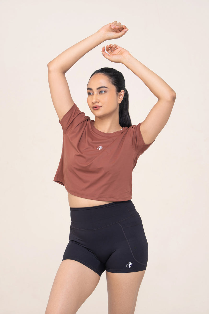 Red Husky Cropped Training Tee — Bronze Brown — lifestyle — studio