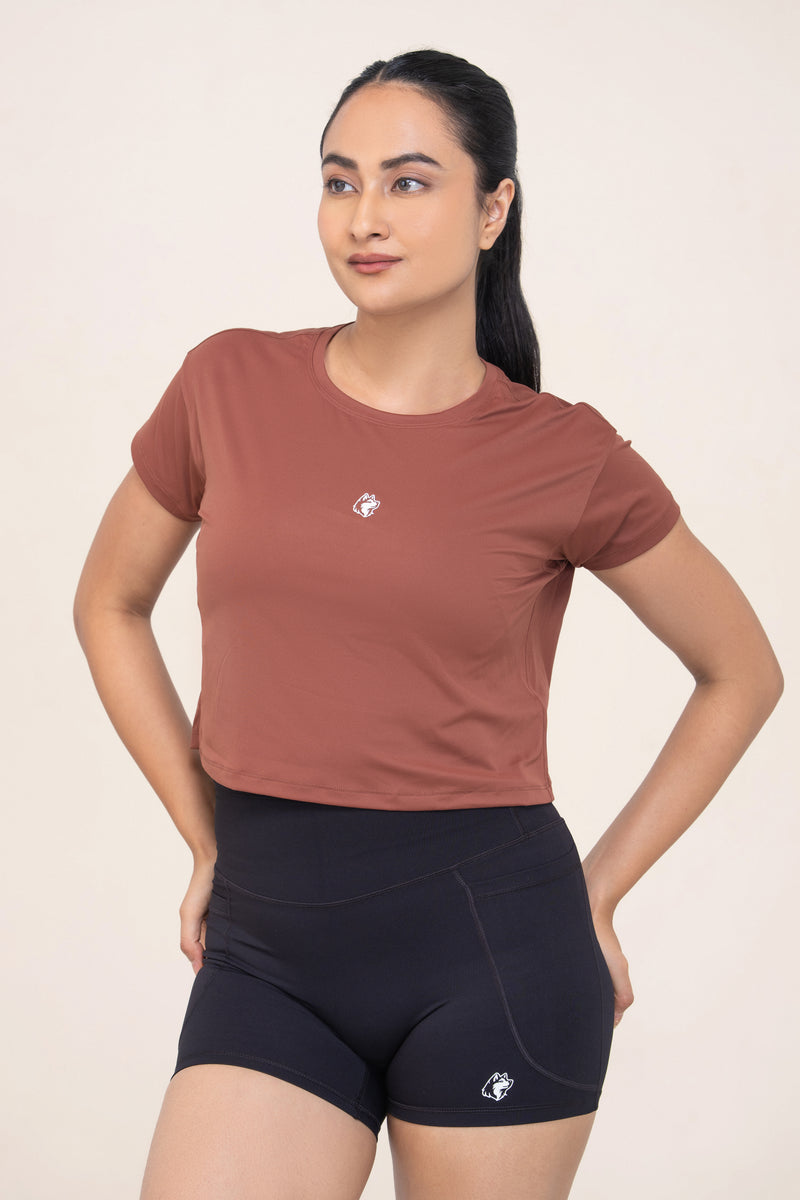 Red Husky Cropped Training Tee — Bronze Brown — front — studio