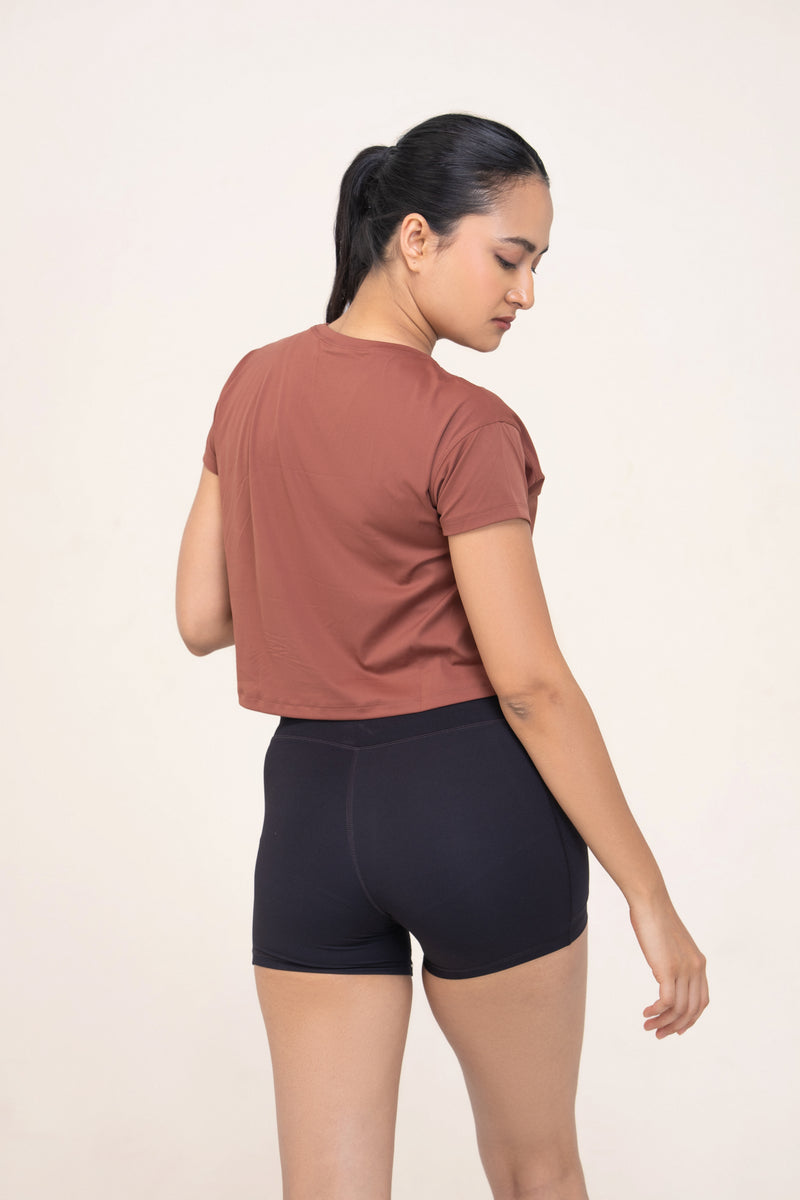 Red Husky Cropped Training Tee — Bronze Brown — side — studio