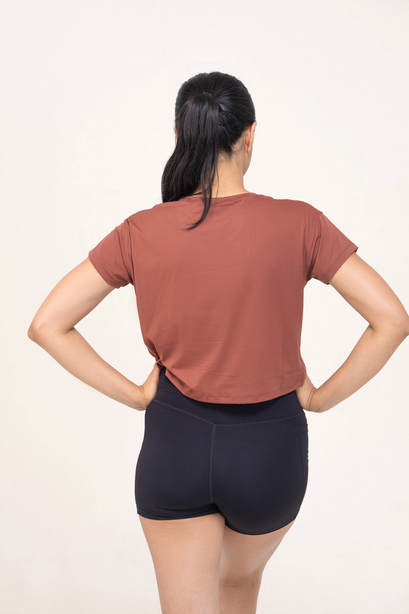 Red Husky Cropped Training Tee — Bronze Brown — back — studio