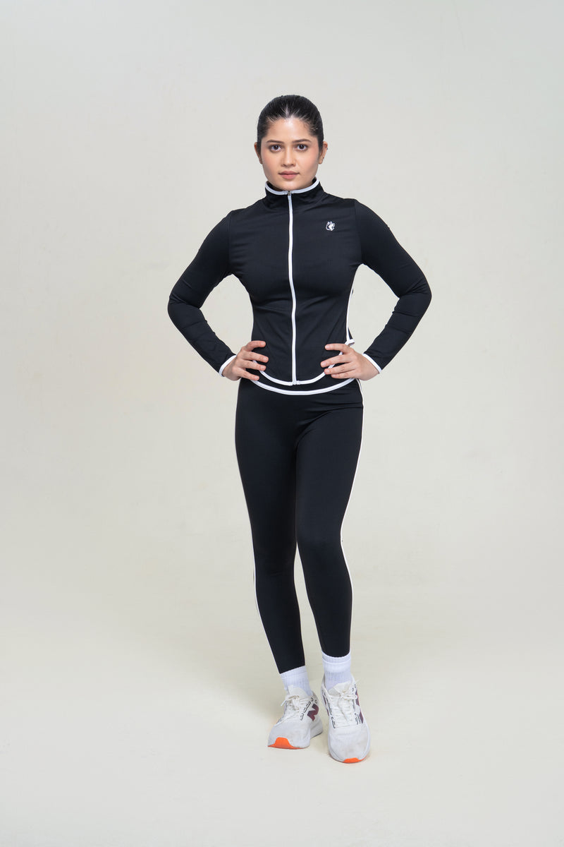 Performance Zip Jacket Set — Black — front — studio