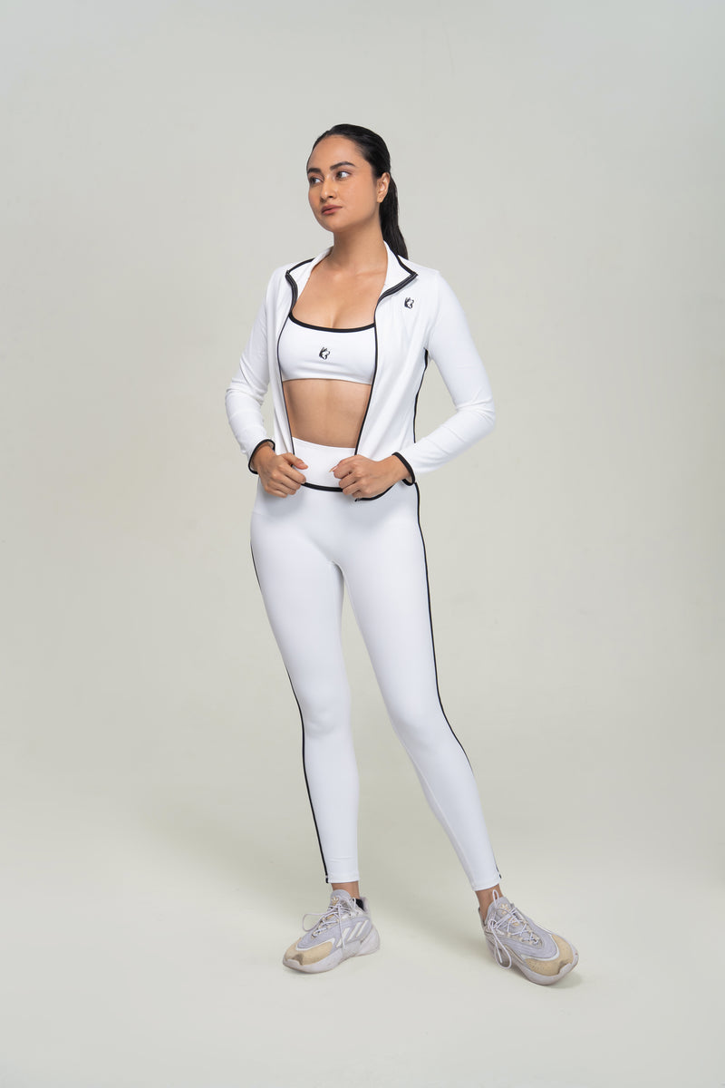 Performance Zip Jacket Set — White — front — studio