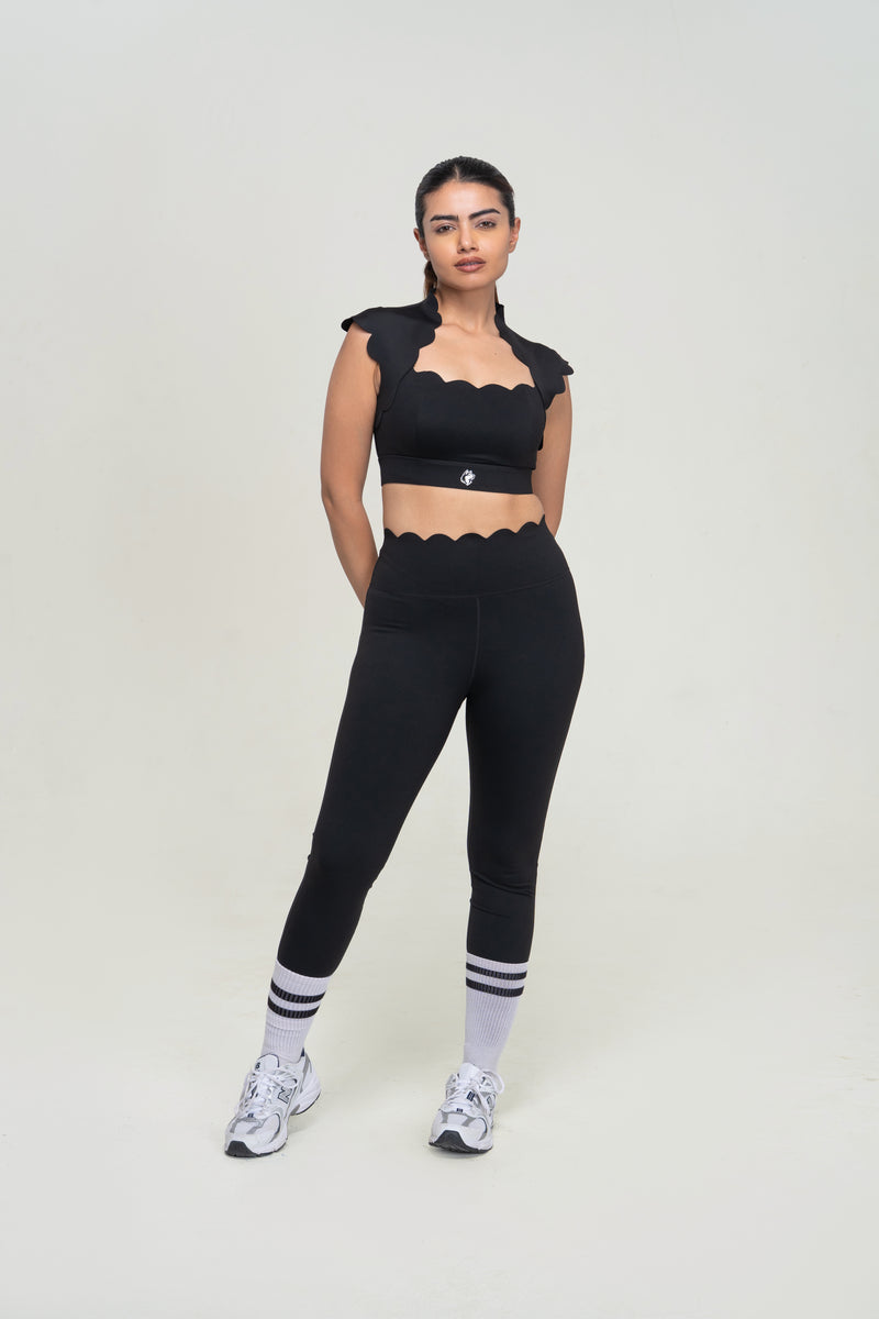 Red Husky Scalloped Yoga Set — Black — front — studio