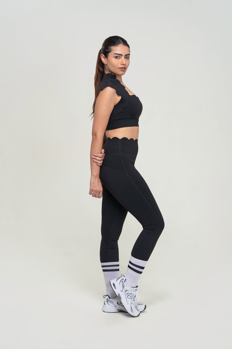 Red Husky Scalloped Yoga Set — Black — side — studio