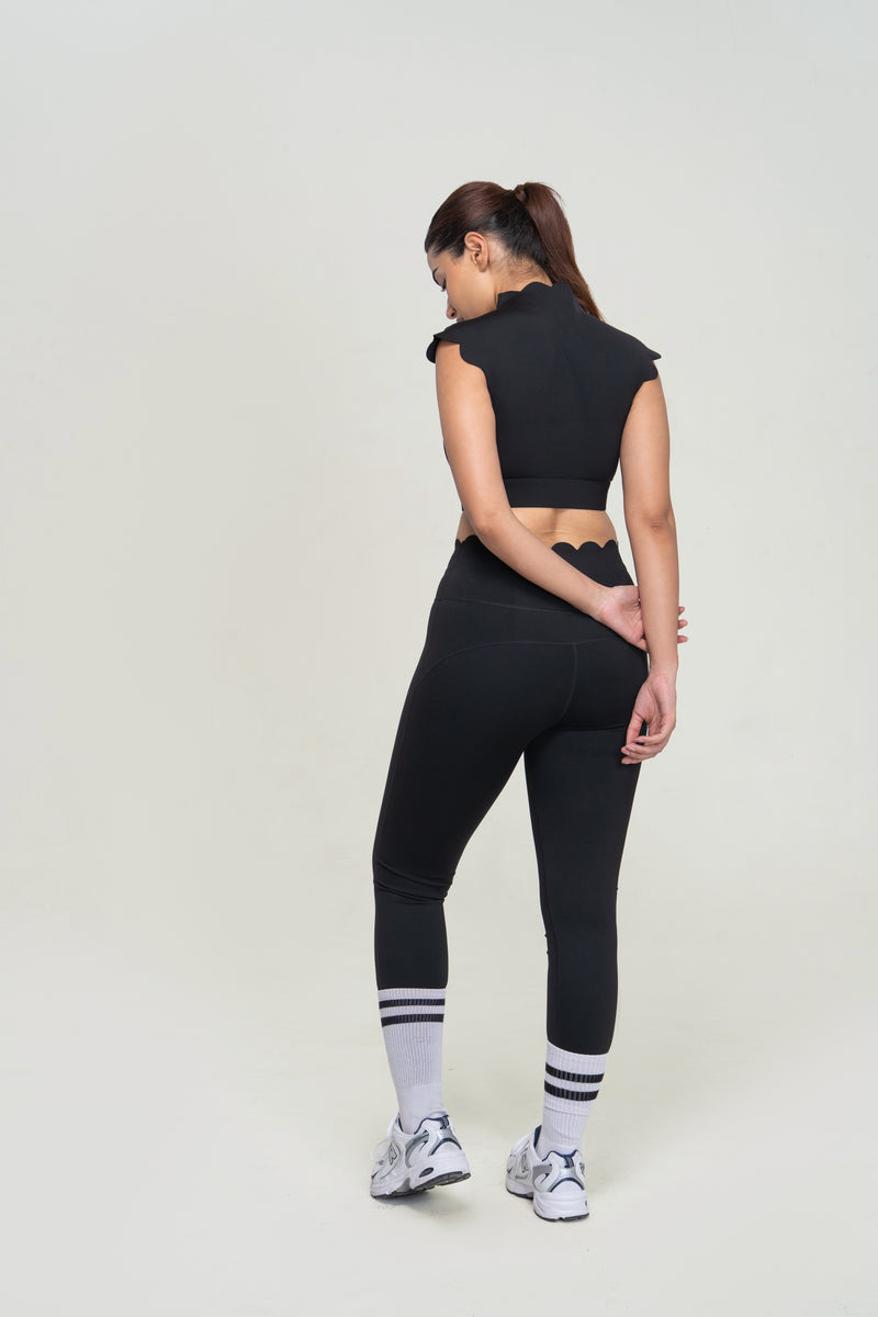 Red Husky Scalloped Yoga Set — Black — back — studio