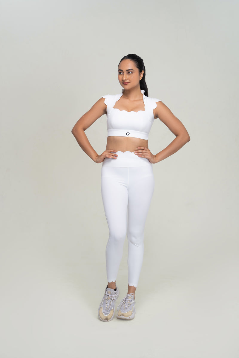 Red Husky Scalloped Yoga Set — White — front — studio
