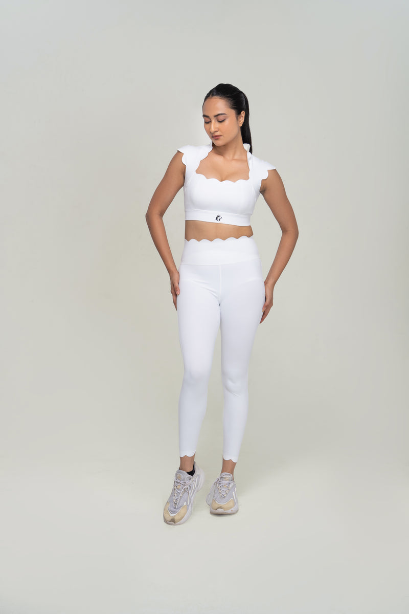 Red Husky Scalloped Yoga Set — White — side — studio