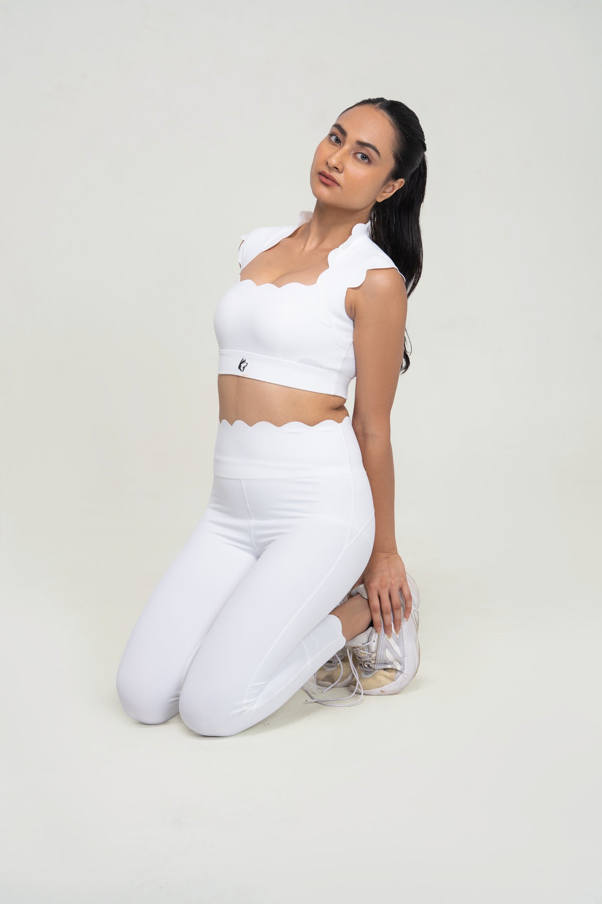 Red Husky Scalloped Yoga Set — White — lifestyle — studio