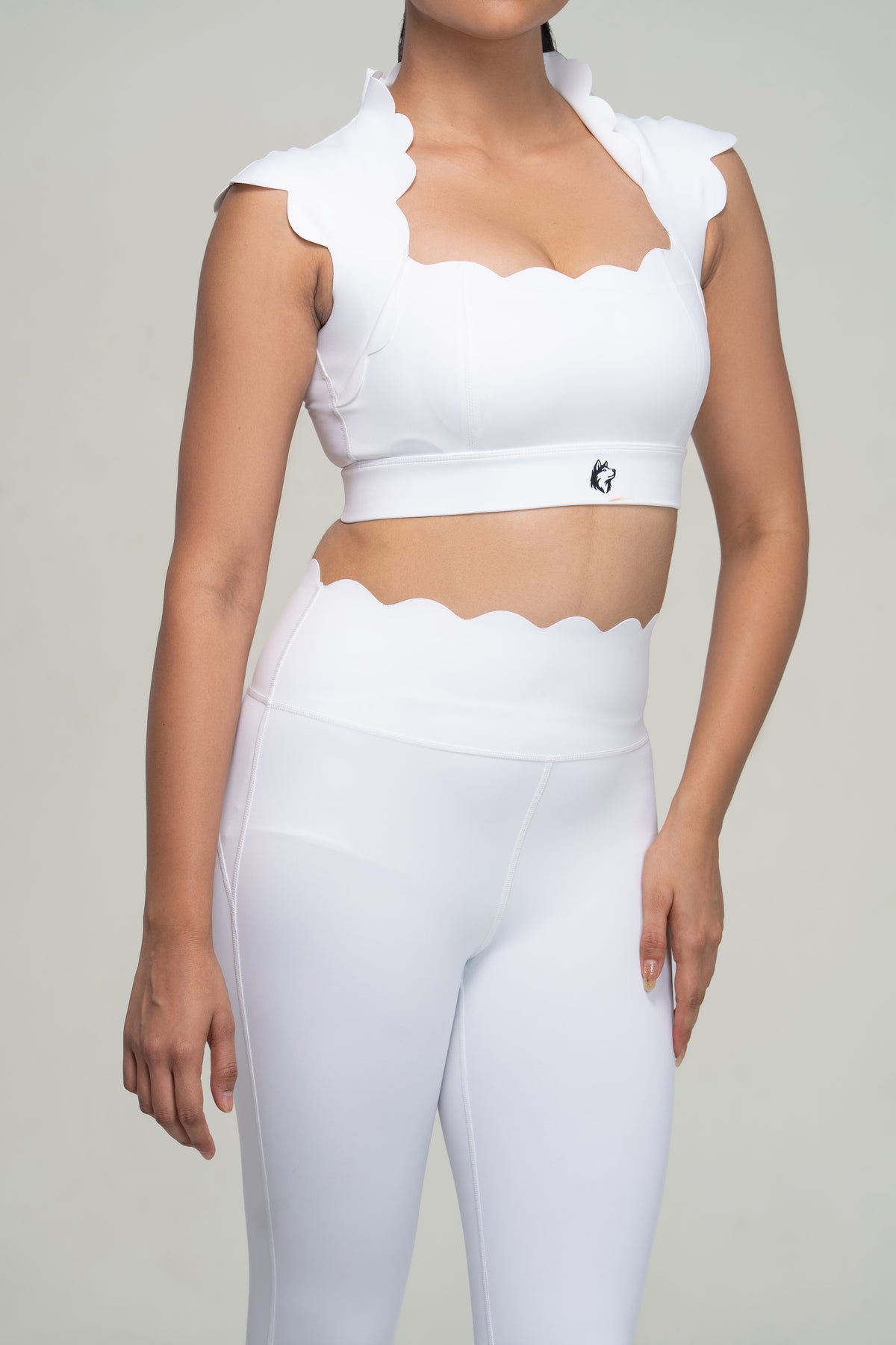 Red Husky Scalloped Yoga Set — White — detail — studio