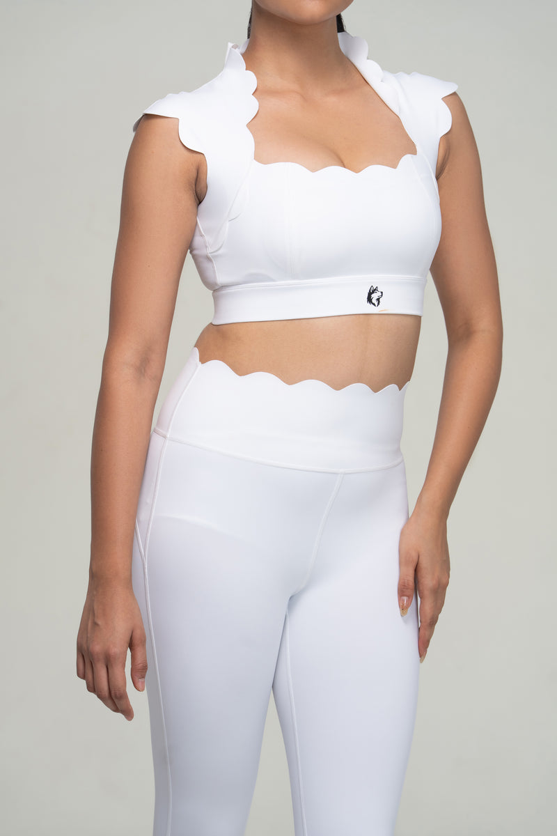 Red Husky Scalloped Yoga Set — White — detail — studio